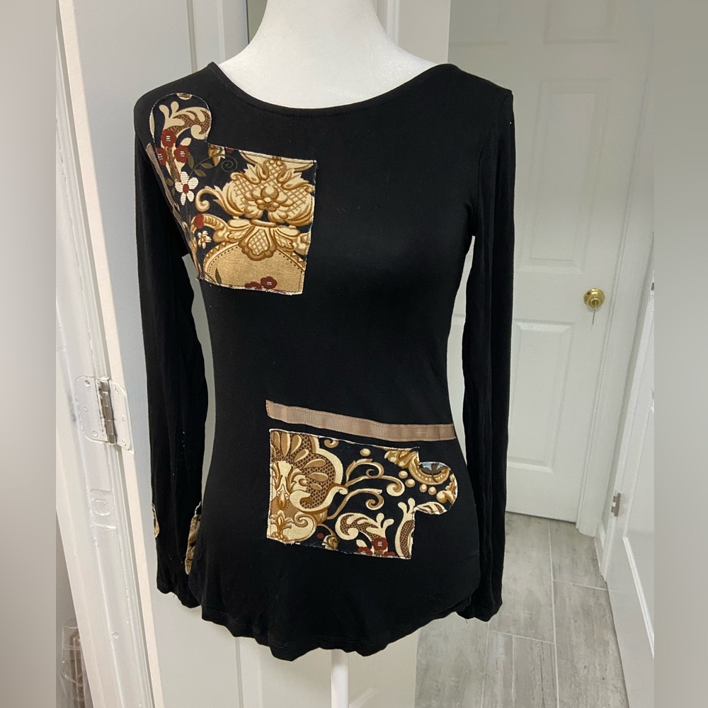 Elegant Black with Floral Brown Patches Women's Top Made in Italy